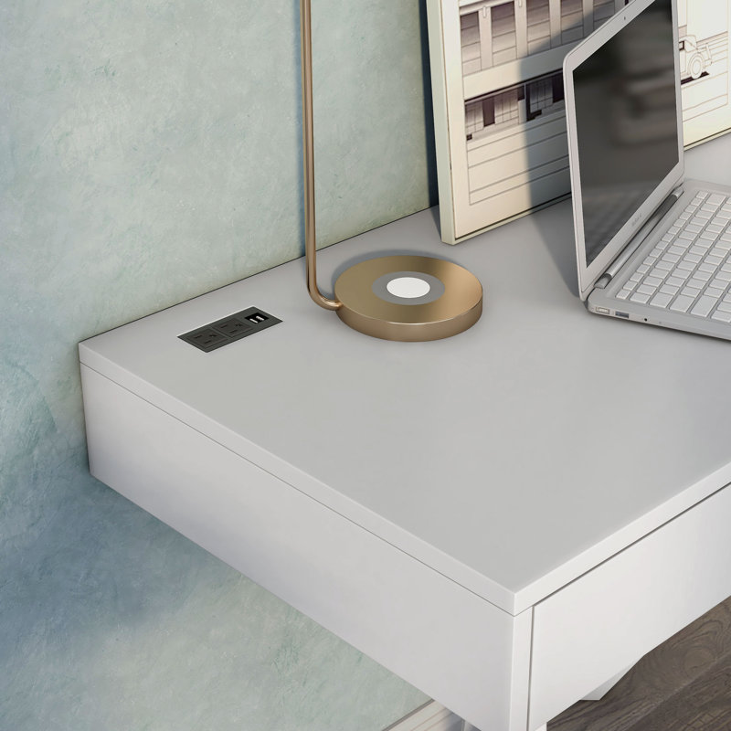 Jabary Solid Wood Base Writing Desk with Power Outlet, White