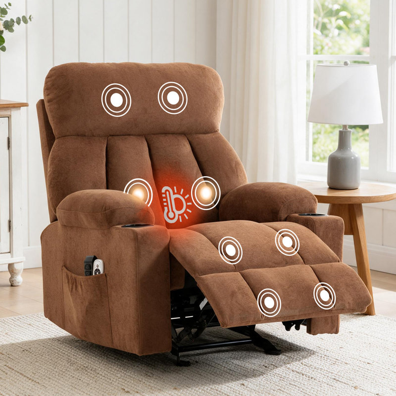 Electric Power Massage Heated Recliner Swivel Rocking Reclining Chair with USB Type C and Cup Holders (Brown), Brown Velvet