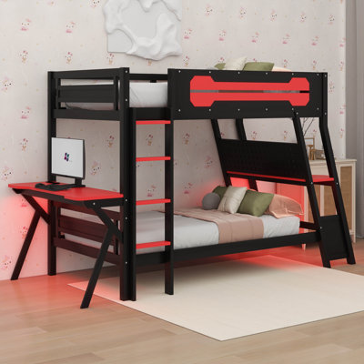 Bunk Bed With 2 Built-In Gaming Desks, Features USB Ports, Desktop Pegboards & Shelves