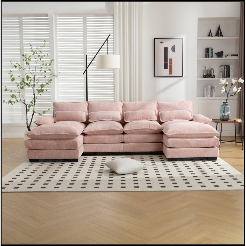 Luxueux canapé surdimensionné en forme de U avec des matériaux de haute qualité et une fabrication robuste, Chenille rose