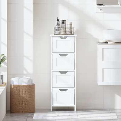 Bathroom Floor Cabinet With 4 Drawers, Freestanding Wooden Storage Organizer For Bathroom, Hallway Or Living Room, Narrow White Side Cabinet With Space-Saving Vertical Design