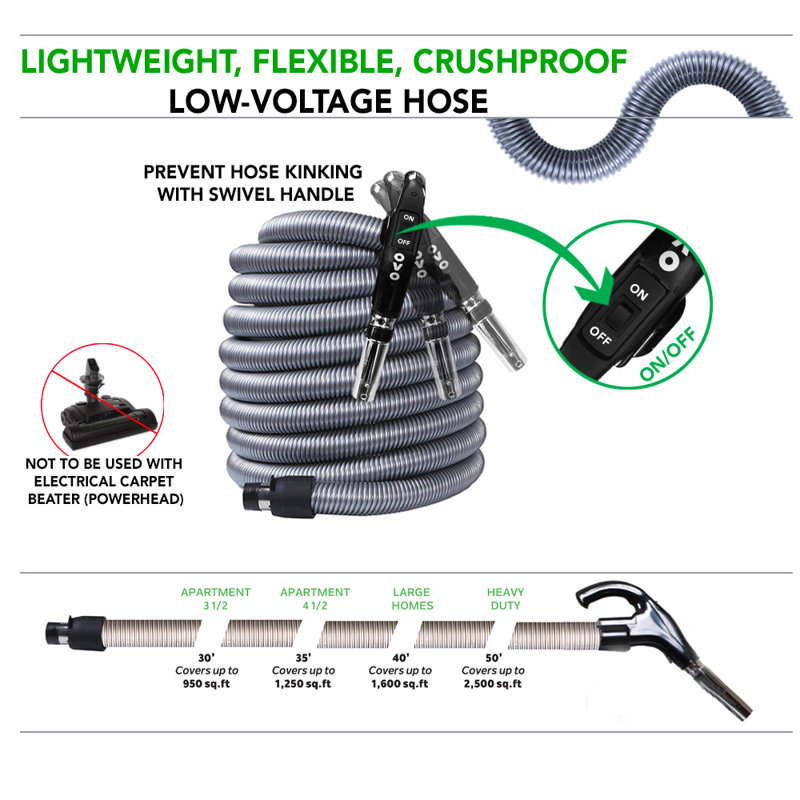 OVO Universal Central Vacuum 50ft Low-Voltage Hose with Switch Control at The Handle Crushproof, 30 ft.