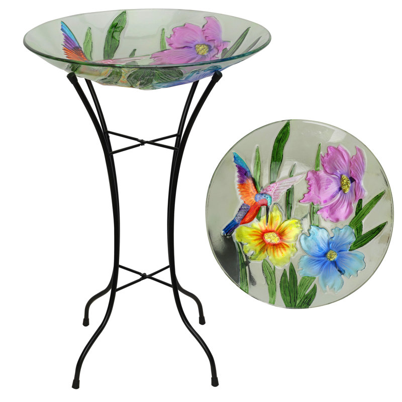 Colorful Glass Birdbath with Metal Stand, 18"