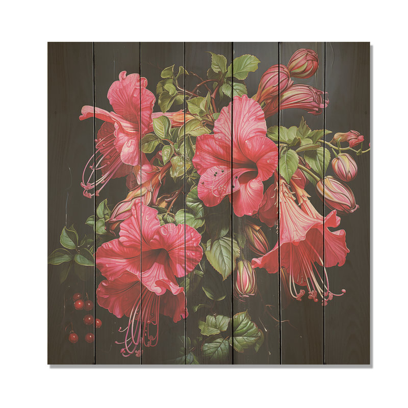 Fuchsia rétro sur fond rose - Fuschia sur bois, H 25 po x l 25 po