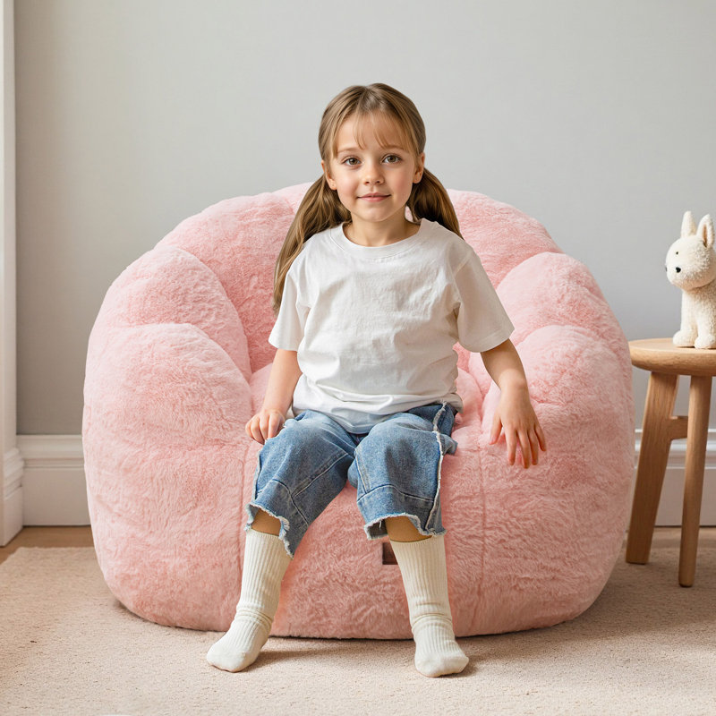 Floral Shaped Kids Bean Bag Chair, Pink Faux Fur
