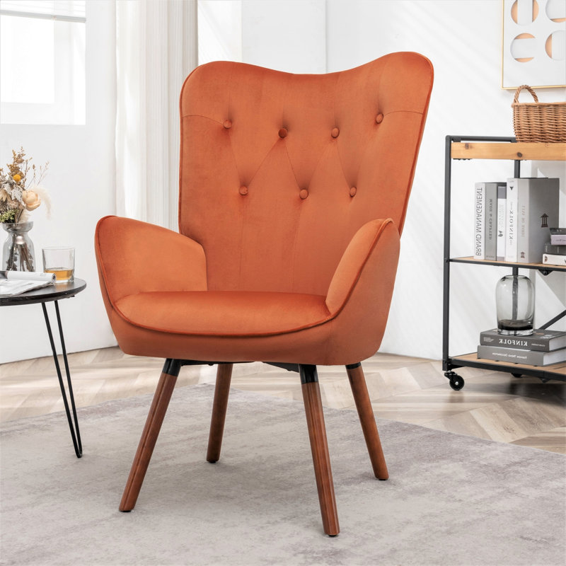 Fauteuil à oreilles Mid-Century moderne capitonné, Orange