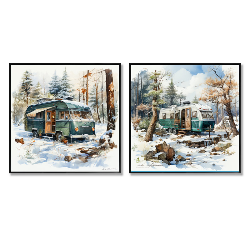 Camping Van Charm en hiver - Ensemble de 2 camping carrées, Cadre flottant noir, H 16 po x l 33 po