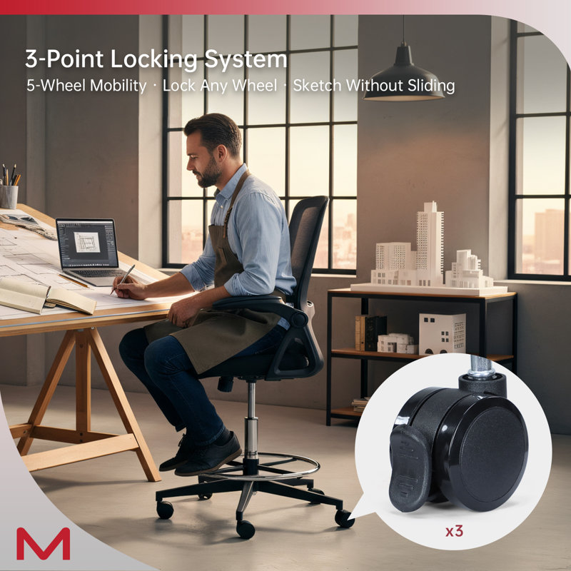 Drafting Chair For Standing Desk With Locking Casters, Tall Office Chair With Foot Ring, Adjustable Lumbar Support, 300 Lbs Capacity