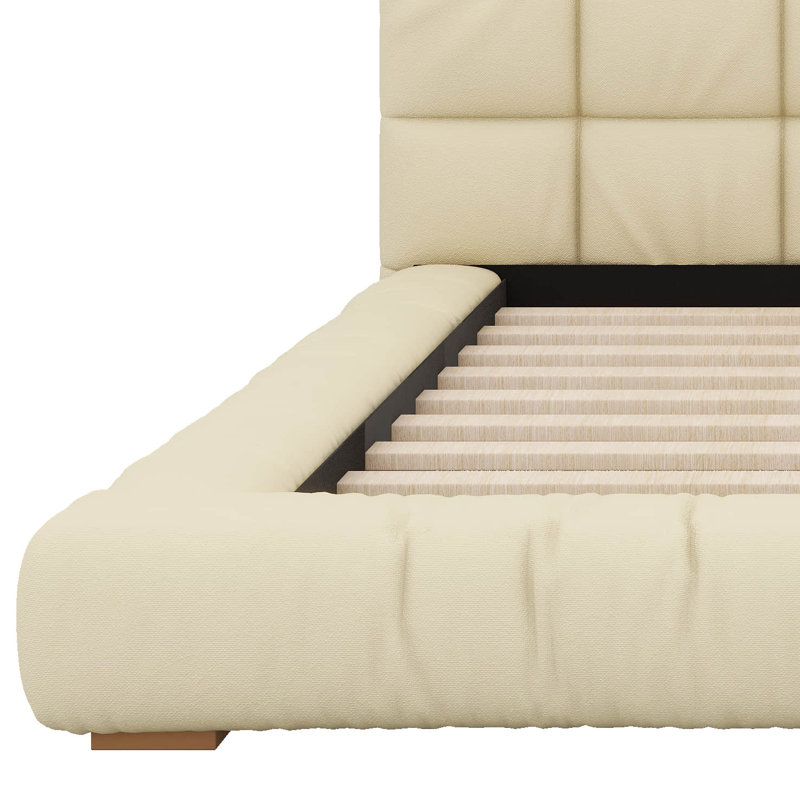 Lit plateforme tapissier en velours avec tête de lit capitonnée Channel, Queen, Beige