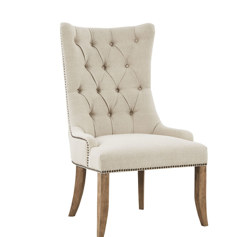 Fauteuil captivant en tissu naturel - dossier à main, tête de clou en bronze, capitonnage à boutons de blé, revêtement décoratif pour le salon, pieds en finition solide, siège en mousse