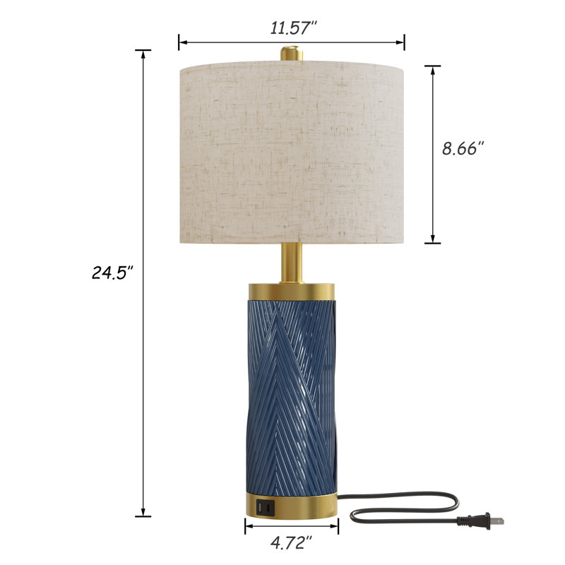 24.5'' Ceramic Table Lamp with USB Ports, Modern Bedside Lamp for Living Room (Set of 2), Blue, Blue