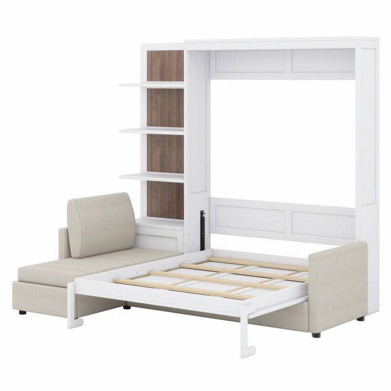 Grand lit escamotable mural avec canapé et tablettes, conception compacte pour petits appartements et studios, Blanc ; beige