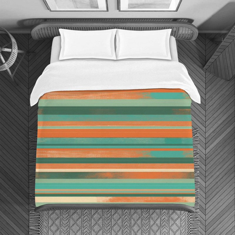 Horizontal Stripes Machine Printed Duvet Cover, Queen Duvet Cover, Orange/Turquoise