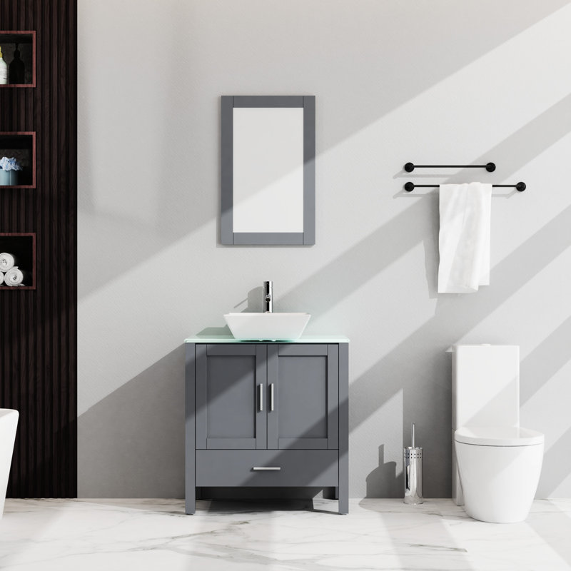 Meuble-lavabo de 30 po, gris. Armoire avec miroir. Évier de 16,5 x 5,5 po. Rangement généreux. Charnières. Évier de meuble-lavabo coulissant silencieux, plateau en verre trempé. Armoire à 2 portes et 1 porte. Assemblage facile et spacieux