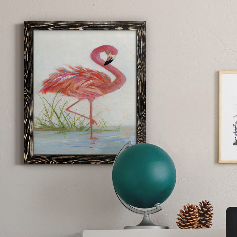 Flamant rose I - Peinture sur toile encadrée, H 24 po x l 18 po x P 1,5 po, Cadre noir
