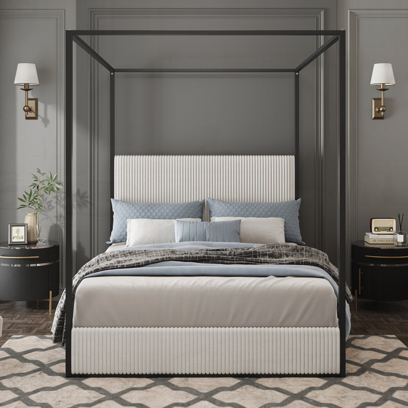 Modern Luxury Metal Canopy Bed with Tall Upholstered Headboard and Four Poster, No Box Spring Needed, White/Black, King