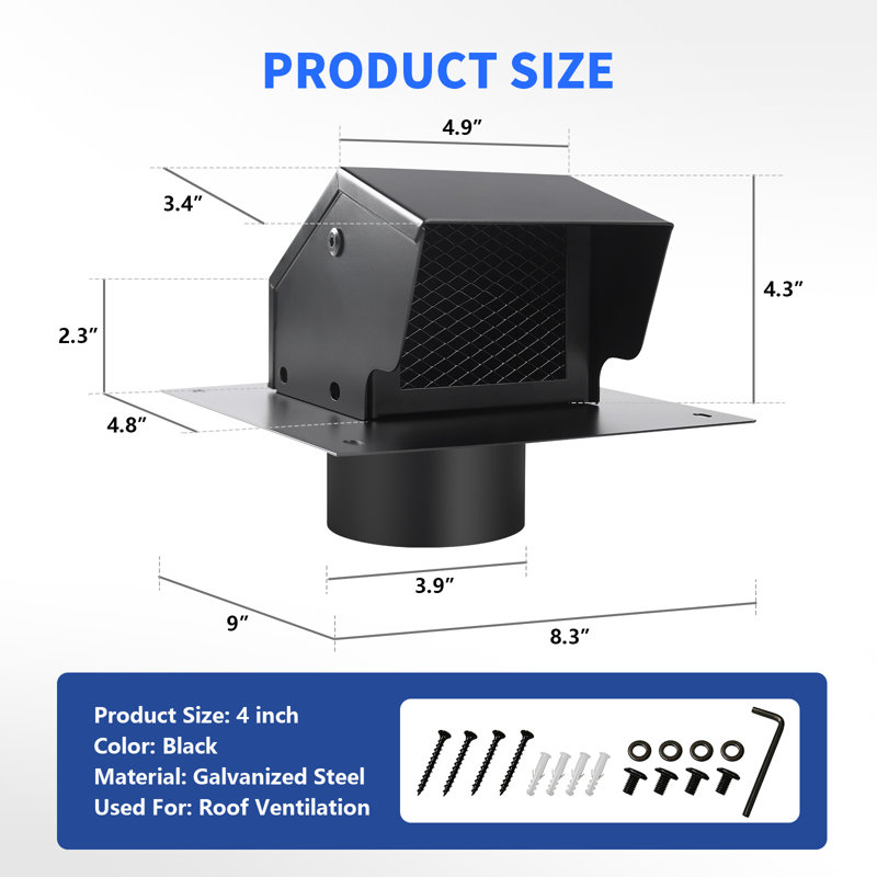 Bouchon de toit noir 4 pouces en acier galvanisé amovible pour système de ventilation