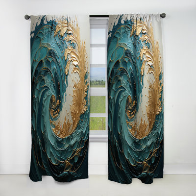 Gold Teal Ocean Spiral V - Abstract Spirals Blackout Abstract Curtain - 1 Panel