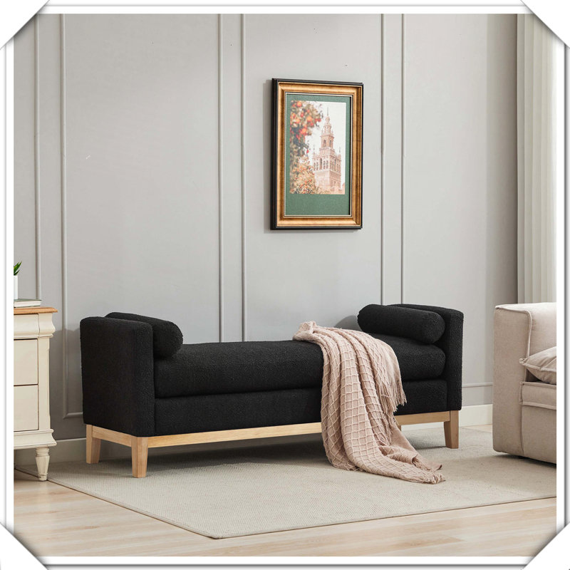 Élégant banc rembourré avec repose-pieds et repose-pieds, Noir, Bois naturel
