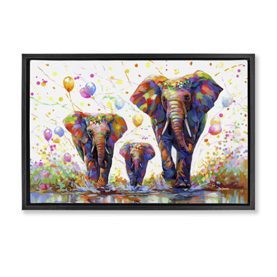 Elephants & Celebration Balloons Gray Framed Floater Canvas by Leon Devenice
