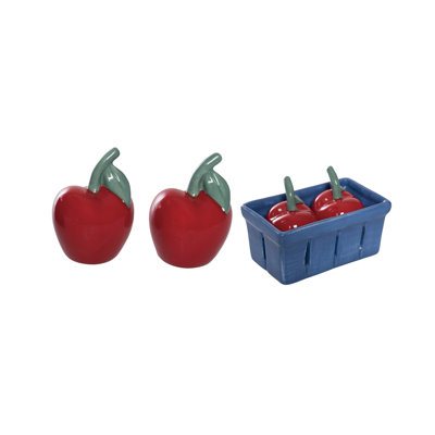 Dolomite Cherry Salt and Pepper Shakers in Basket, Set of 3, Red, Ceramic, Table, Kitchen, Spring, Tabletop