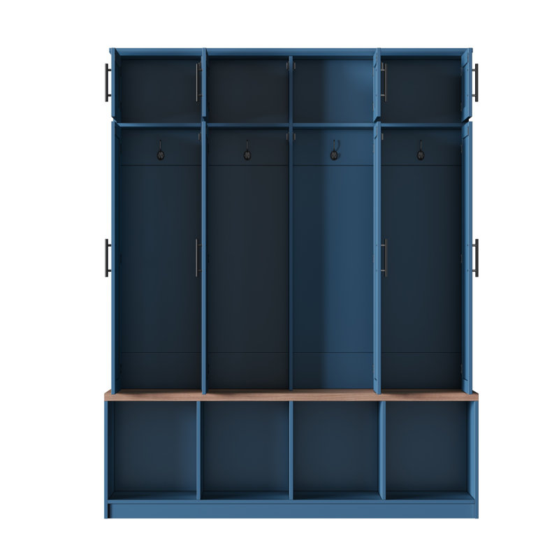 Farmhouse Hall Tree with 4 Hidden Hanging Hooks, Versatile Seating Bench, Entryway Shoe Cabinet with Open Compartment, Blue