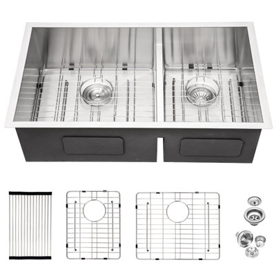 Évier de cuisine à double cuve encastrable 33 po avec conception 60/40, calibre 16, deux cuves profondes de 10 po, fait à la main par un professionnel, bonde arrière de 3,5 po, rainures en X pour un drainage rapide, insonorisation de 3 mm d'épaisseur,