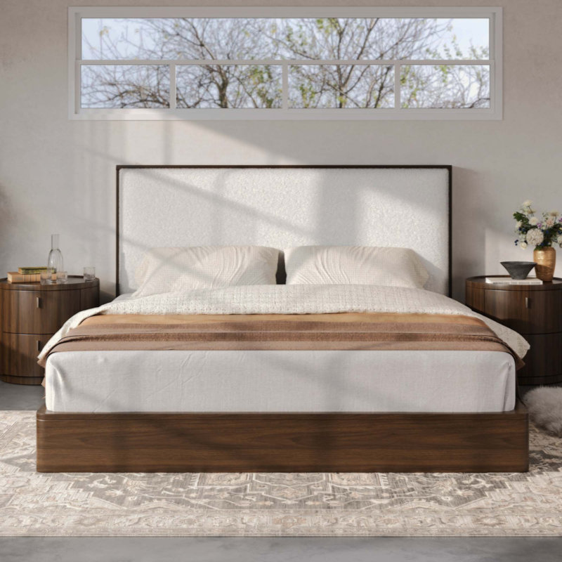 Structure de lit plateforme en bois massif avec tête de lit tapissier bouclée, aucun sommier nécessaire, Queen, Walnut