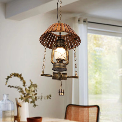 12.6" Vintage Kerosene Country Style Pendant Light, Wooden & Iron Rustic Hanging Lamp For Farmhouse Kitchen Island Cafe Bar