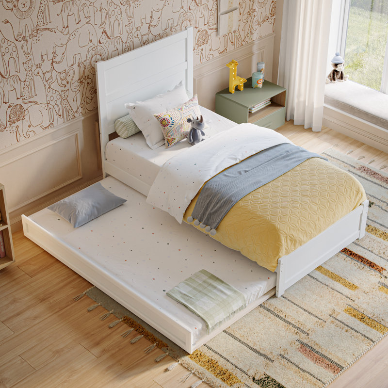 Lit plateforme en bois avec pied de lit et gigogne Aveline, Lit simple, Blanc