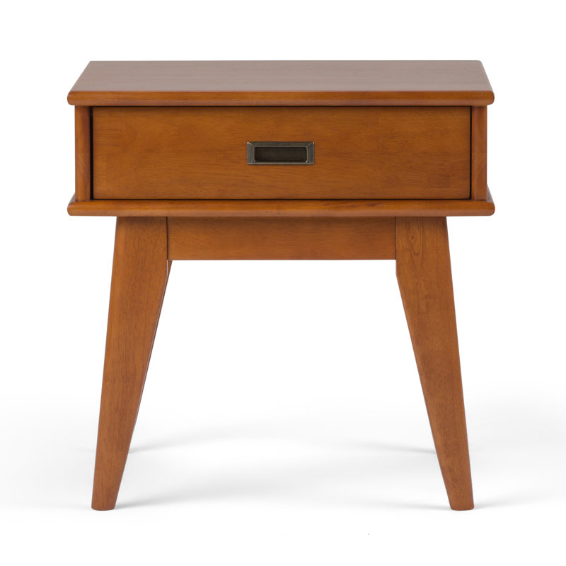 Draper 22"W Solid Wood Mid-Century Modern Rectangular End Table with Storage Drawer, Teak Brown