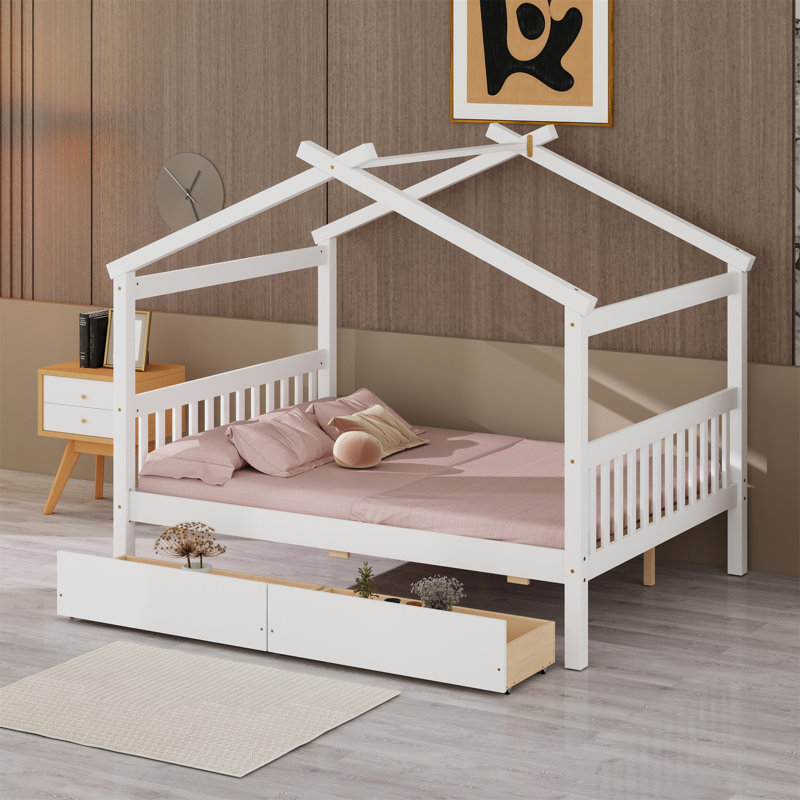 Lit en bois avec tiroirs, Blanc