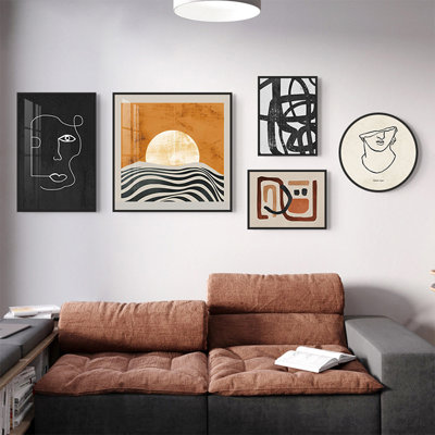 Mid-Century Modern Abstract Geometric 5 Pieces Wall Art Set, Canvas & Metal Frame, Mixed Shape (Rectangle & Round) Decorative Prints for Living Room, Bedroom, Office