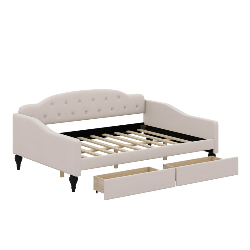 Full Size Daybed Frame With Button Tufted And Wingback Design, Upholstered Full Daybed With 2 Storage Drawers