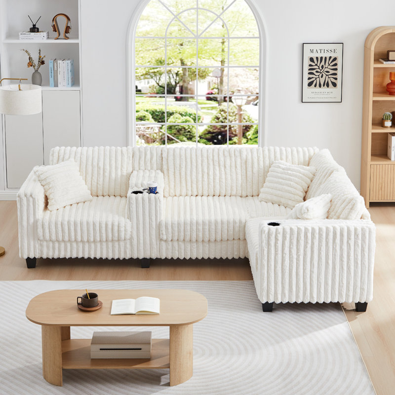 Canapé modulaire avec console porte-gobelet et port USB, Fausse fourrure blanche
