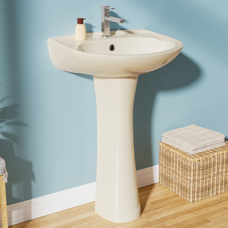 20" W x 16.5" D Pedestal Sink for Bathrooms U-Shaped Vitreous China, 1 Faucet Hole & Overflow, White, Bone
