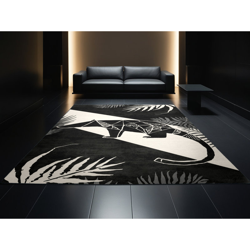 Tapis moelleux moelleux à motif géométrique rustique moderne noir, 7 x 9
