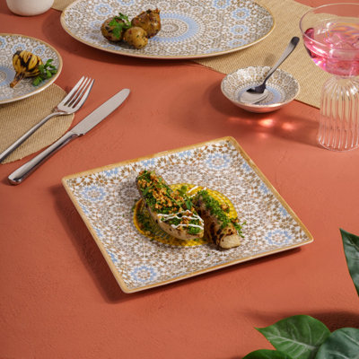 Cruise-Tangier Premium Porcelain Juliet Square Platter With Foot | Microwave & Dishwasher Safe