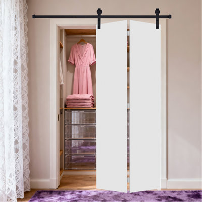 Porte pliante moderne à panneau plat 32 po X 80 po Porte de grange coulissante en MDF blanc avec trousse de quincaillerie