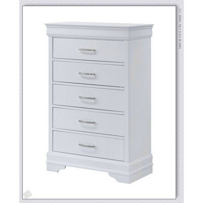 Commode haute à 5 tiroirs avec finition texturée blanche et poignées capitonnées en cristal, mobilier de chambre en bois massif durable