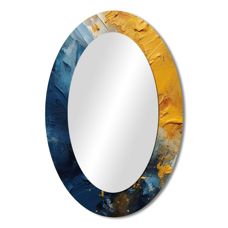 Bleu et jaune Expressions intuitives II - grand miroir mural ovale sur métal, 36 po x 24 po