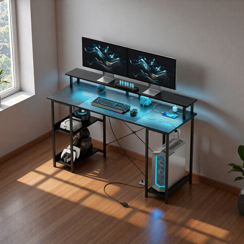 Bureau d'ordinateur avec rangement, table d'ordinateur réversible avec prises de courant et lumières DEL, Noir vieilli / noir