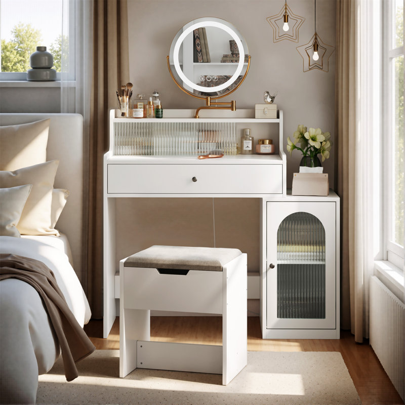 Bureau de coiffeuse avec miroir pivotant à 360 ° et lumières réglables