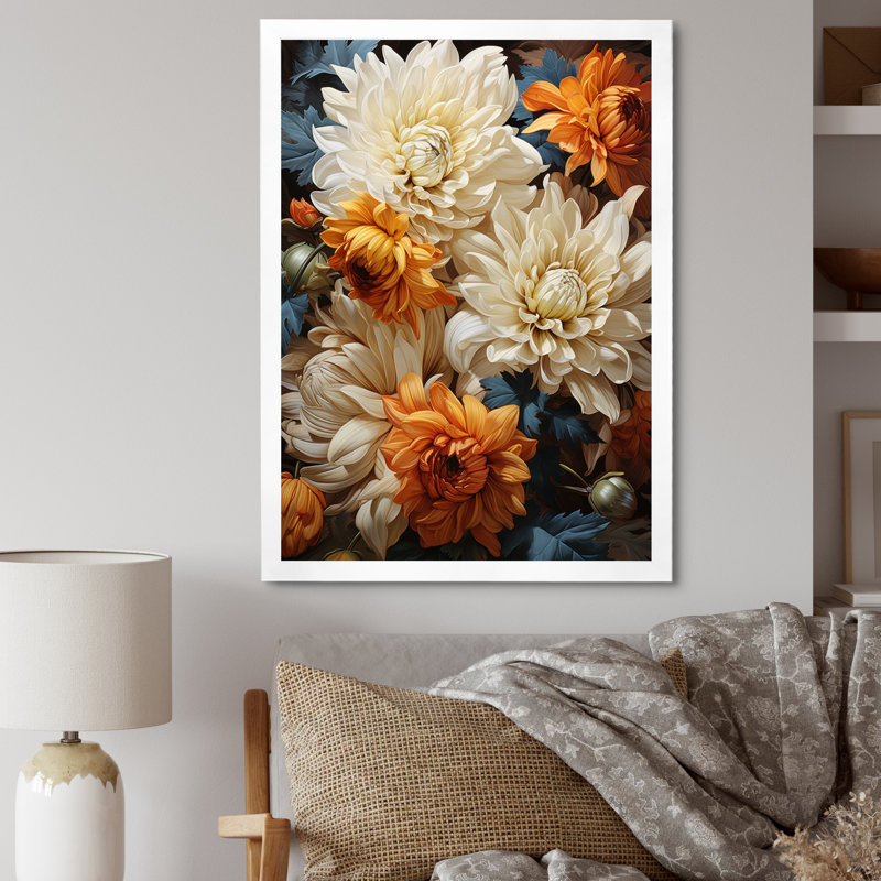 Yilin Chrysanthemums Autumn Gold Showcases - Chrysanthemums Wall Art Decor, Cadre simple blanc, H 44 po x l 34 po x P 1,5 po