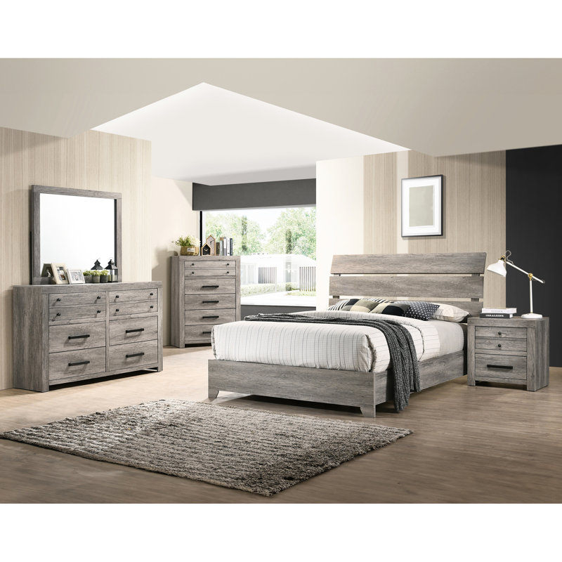 Grand lit moderne avec finition gris rustique et tête de lit légèrement incurvée, centre de chambre à coucher, matériau principal en bois, style transitionnel, aucun sommier requis, cadre contemporain facile à assembler