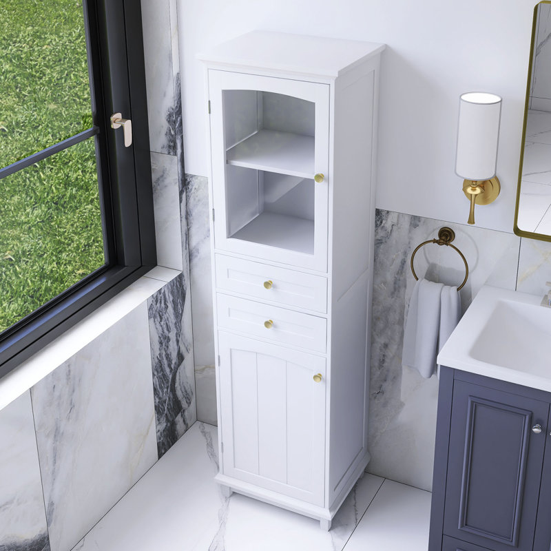 63" Bathroom Storage Cabinet With Glass Doors, White