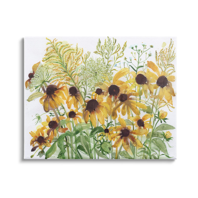 Layered Yellow Daisy Blooms Wildflower Herb Sprouts - peinture sur toile à cadre flottant, H 16 po x l 20 po x P 1,5 po