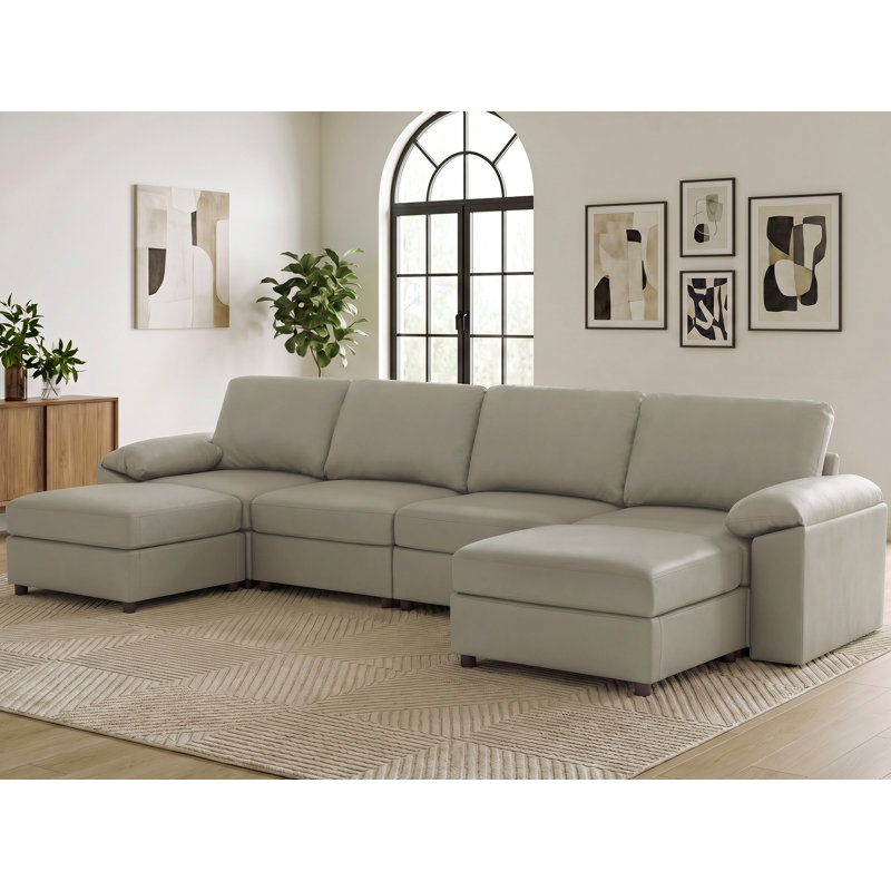 Canapé modulaire moderne avec repose-pieds en cuir de polyuréthane Marybelle Marybelle, Beige Faux Leather