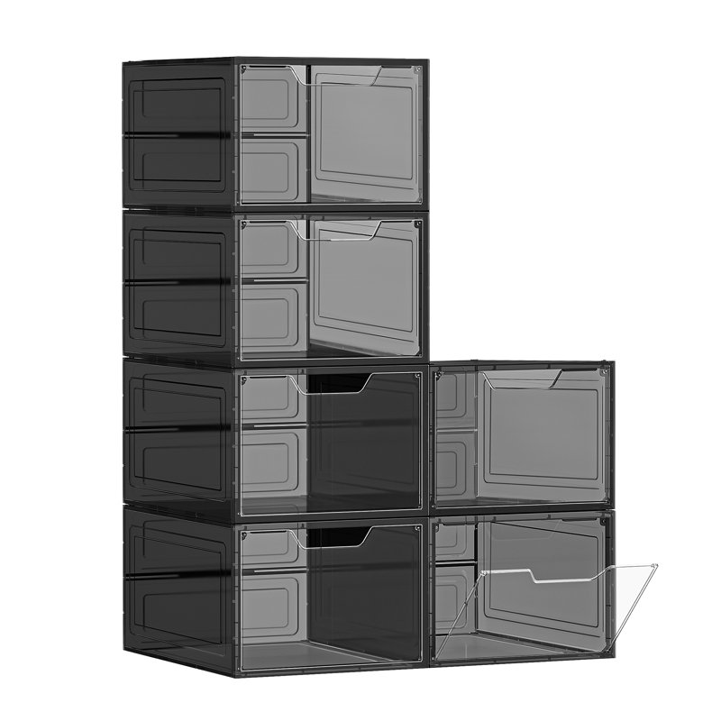 6 Pair Stackable Shoe Storage Box, Black
