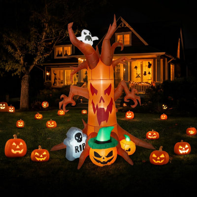 8FT Inflatable Haunted Halloween Tree with Ghosts, Pumpkins & 6 LED Lights – Wind-Resistant Outdoor Yard Decoration – USA H: 240CM, Fan: 1.2A 12032, Transformer: 1500mA